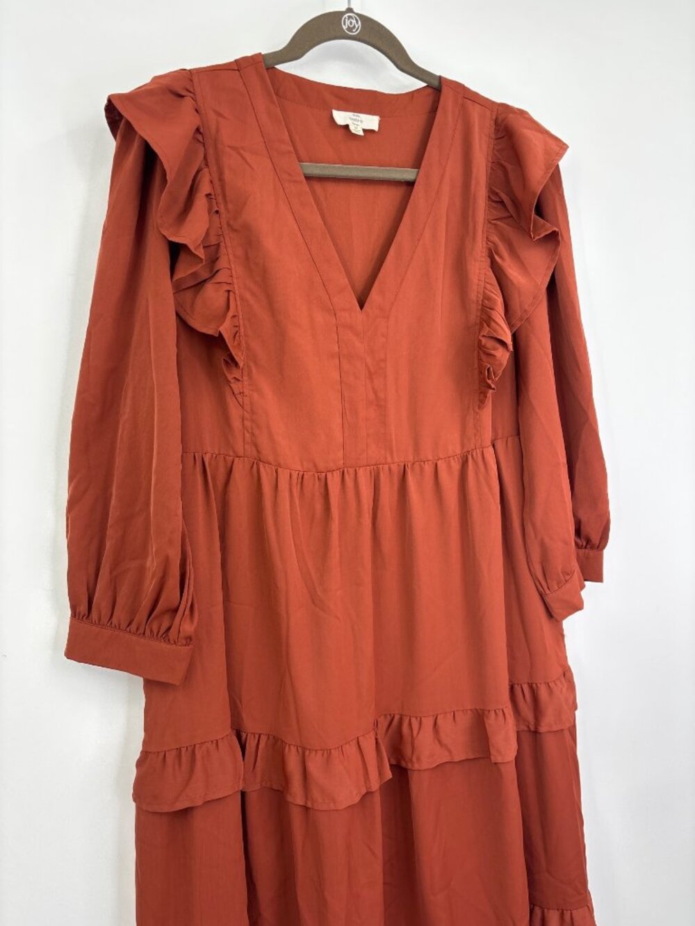 Entro Ruffle Long Sleeve Tiered Midi Dress Rust Size Medium - Picture 3 of 7